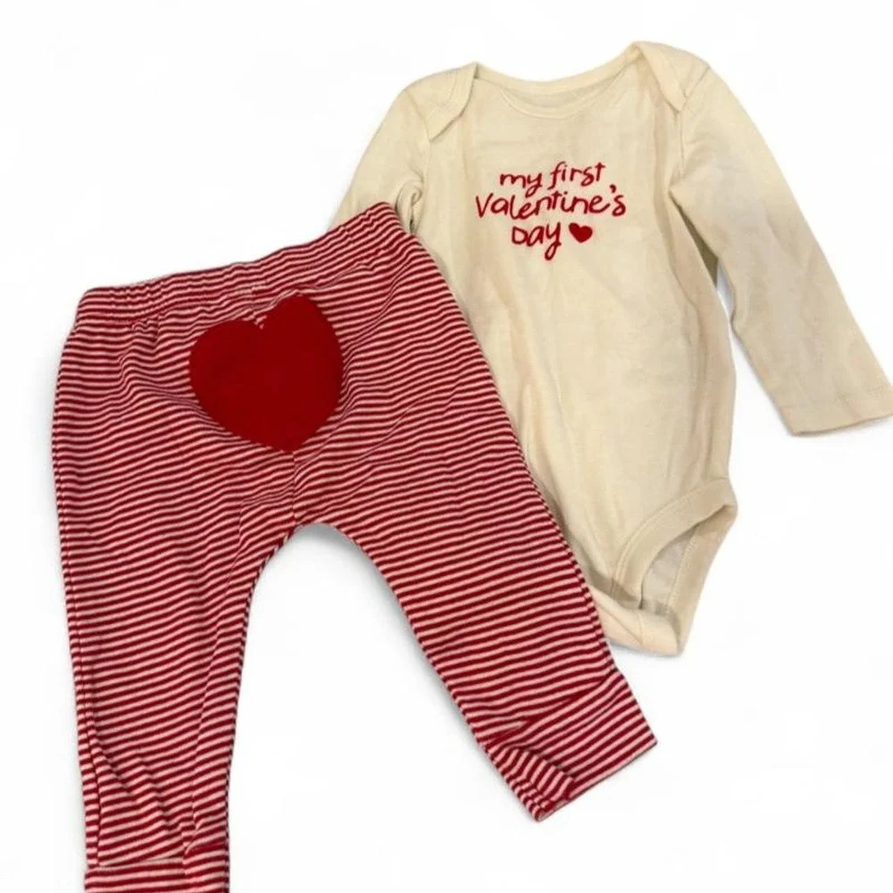 Carters My First Valentines Day Bodysuit and Heart Stripe Pants Set 6M Red Cream